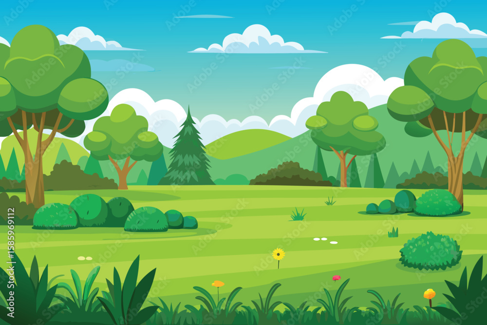 Naklejka premium A vibrant cartoon illustration of a summer landscape with green hills, a blue sky, fluffy clouds, and colorful flowers in a sunny meadow