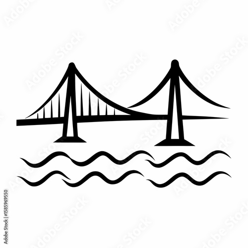 Minimalist black silhouette of suspension bridge over waves