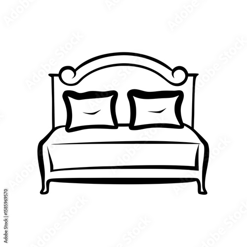 Elegant bed frame with two decorative pillows in minimalist black and white design