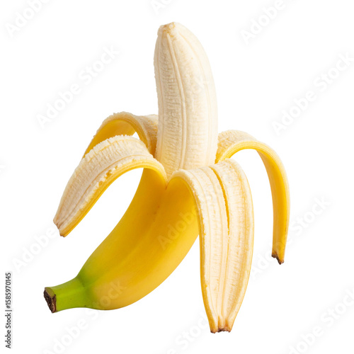 Peeled Banana Halfway Open with Exposed Fruit, Studio Shot on White