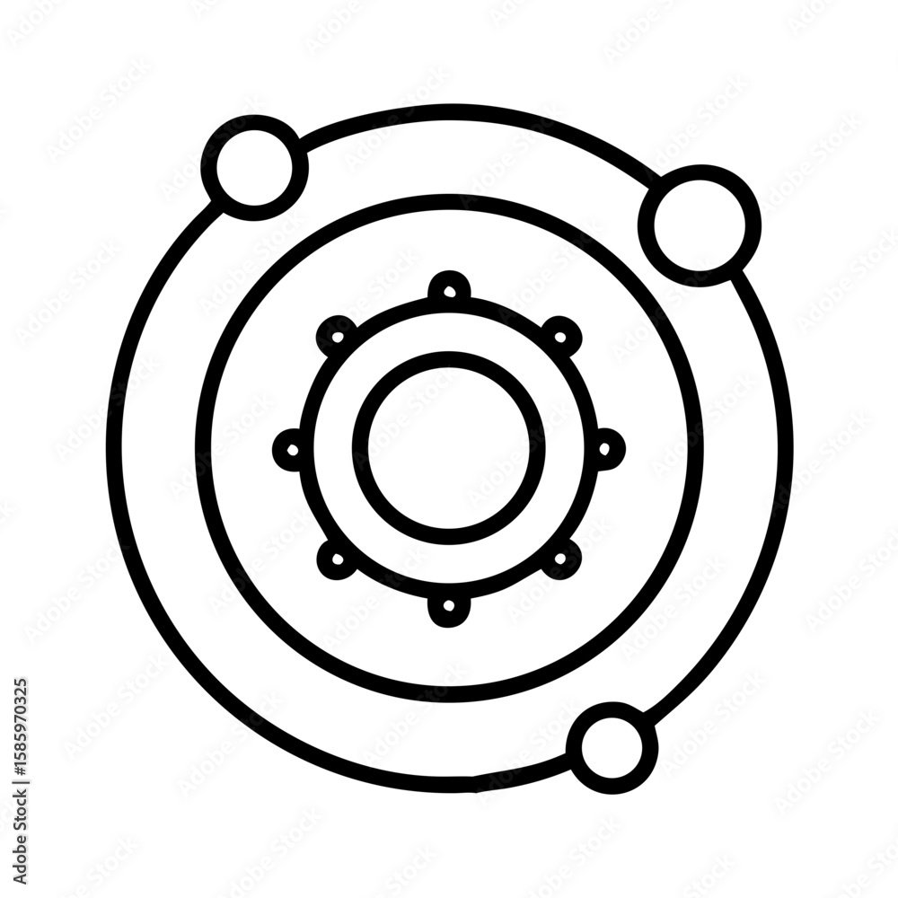 Fototapeta premium Solar system model icon in line art style with planetary orbits 