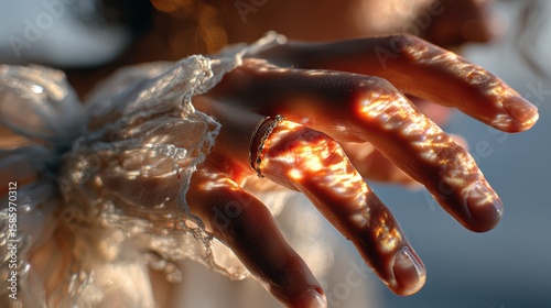 Delicate hand adorned with ring, illuminated by sunlight creating beautiful reflections and textures