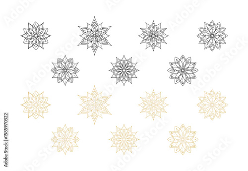 Gold and black abstract lotuses made of thin lines and dots, isolated on a white background. Abstract round mandala, flower, circular openwork pattern. Vector big set for design, cover, sign and print