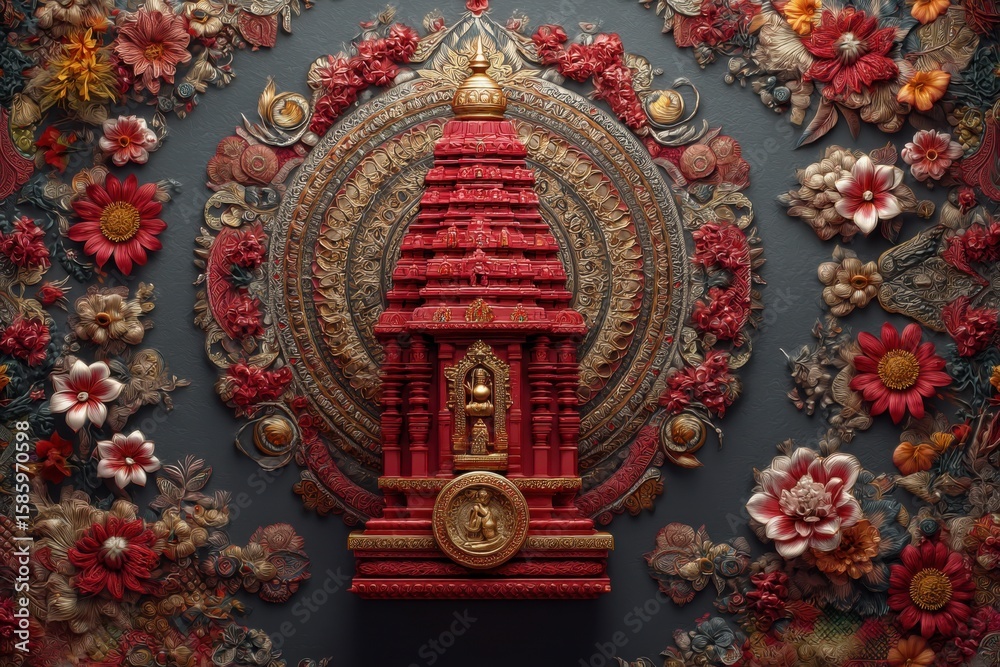 Fototapeta premium Intricate red temple sculpture accented by stunning floral background in vibrant hues