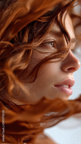 Close-up portrait of a woman with flowing hair and soft fabric, capturing beauty and elegance