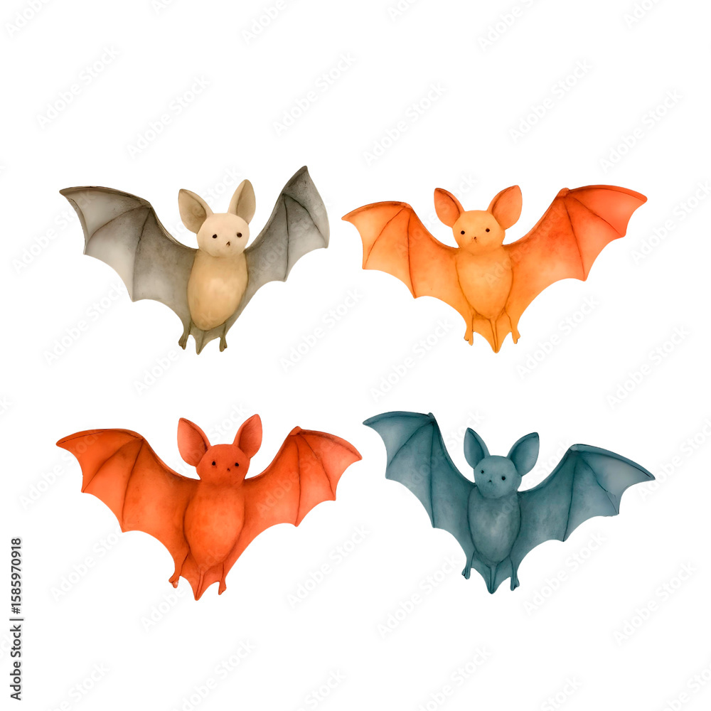 Fototapeta premium Colorful Halloween Bats – Watercolor Flying Bat Clipart Set