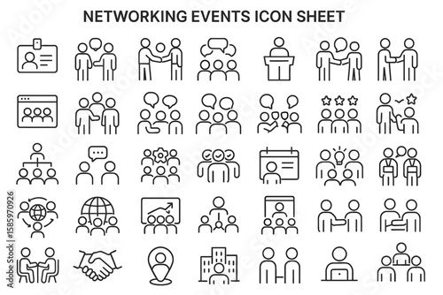 Networking Events Icon Sheet: A diverse collection of minimalist line icons, visually depicting networking and interaction scenarios with a clean and modern aesthetic.
