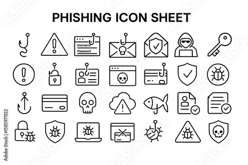 Phishing Icon Sheet: A collection of vector icons that represents phishing, fraud, hacking, security threat, with caution and warning elements.