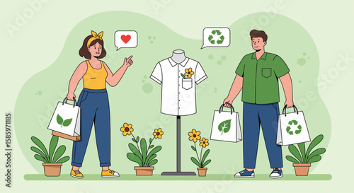 Couple Shopping for Sustainable Fashion with Eco-friendly Bags and Mannequin Display – Flat Vector Illustration