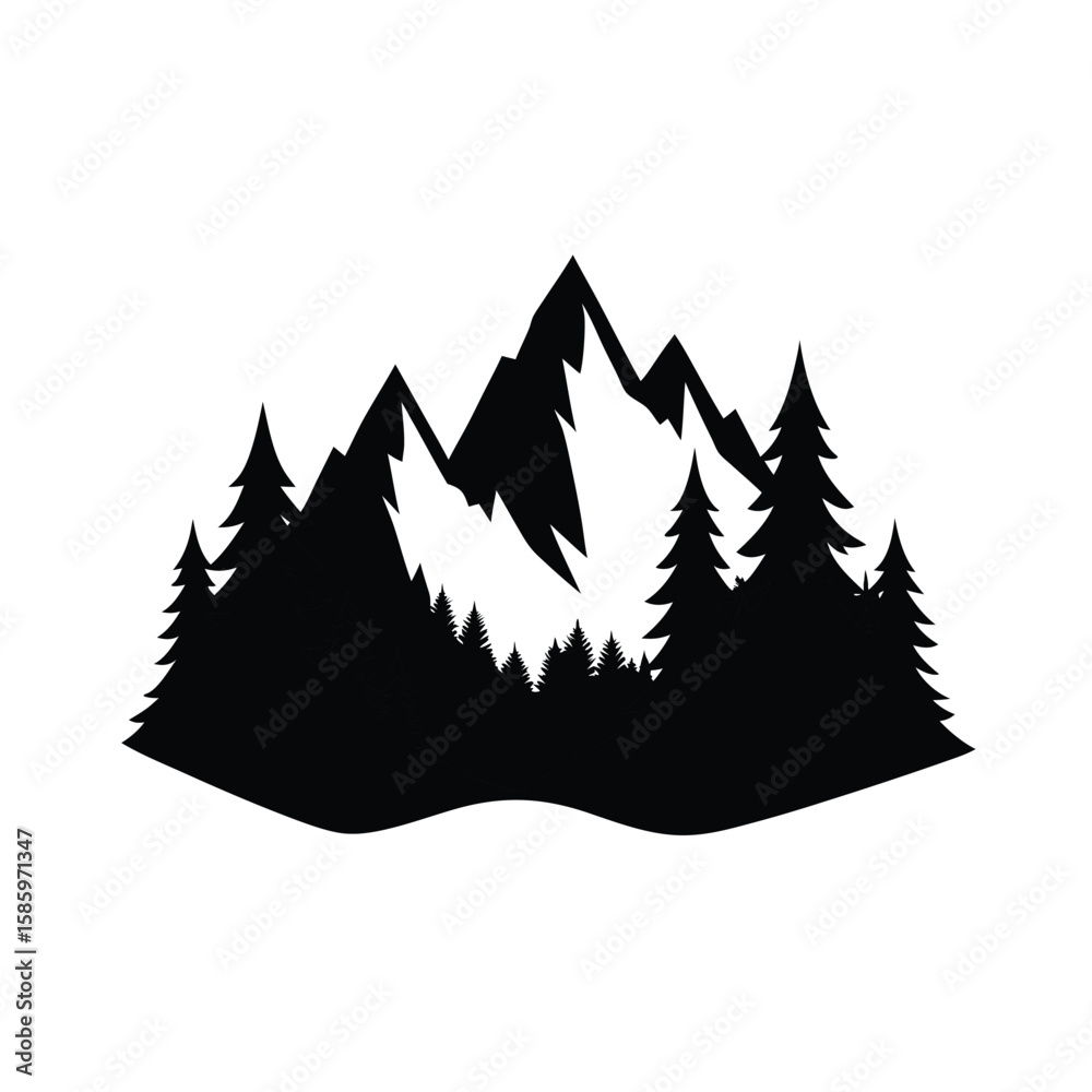 Obraz premium Nature scene silhouette showing pine tree forest along mountain landscape with white background