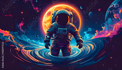 Pixel Art Astronaut in Colorful Cosmic Nebula