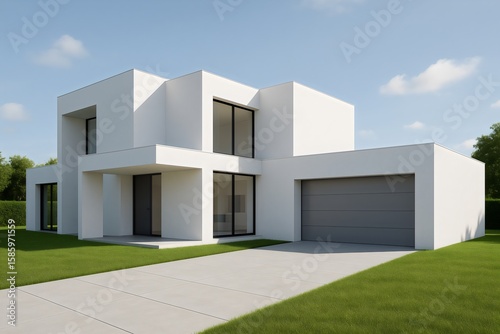 Modern house  Minimal architecture with lawn grass and concrete garage driveway  3d rendering of luxury property building