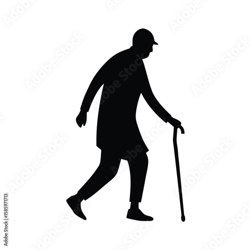 Old man walking silhouette with cane representing age and wisdom on white background