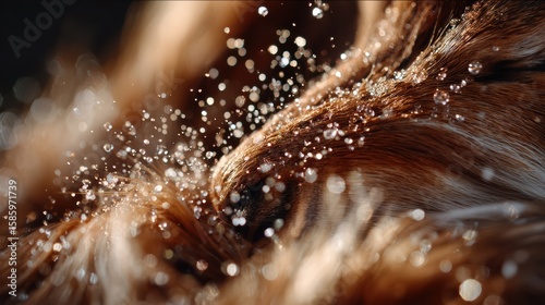 Close-up of wet fur with sparkling water droplets creating a mesmerizing texture and depth