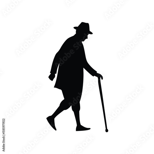 Silhouette of elderly man using cane walking slowly with white background