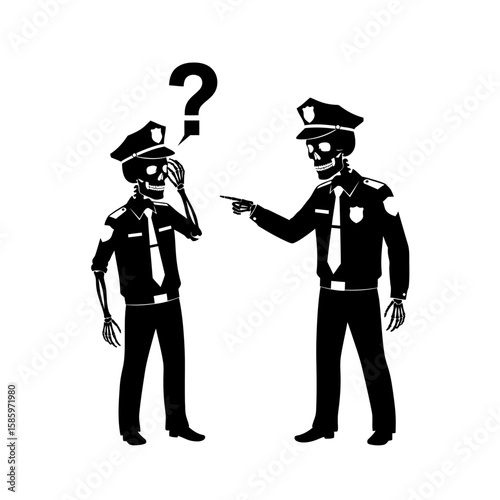 Two skeleton police officers with a question mark above one's head in black