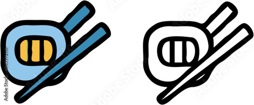 Simplified cartoon illustration of sushi roll with chopsticks, ready to eat.