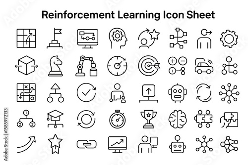 Reinforcement Learning Icon Sheet: An Icon sheet featuring line icons representing reinforcement learning concepts. 