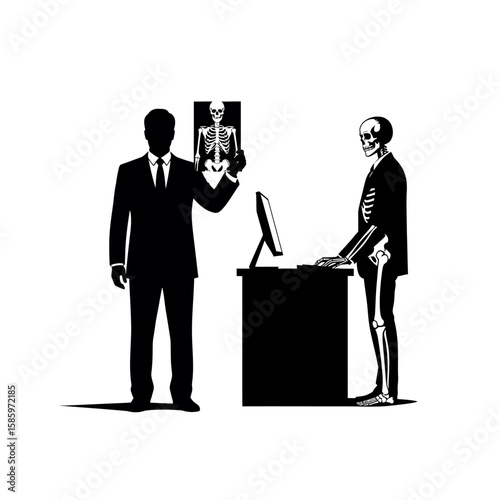 A silhouette of a man holding an x ray while skeleton works at computer