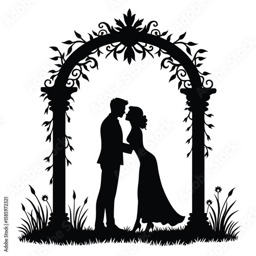 Couple embracing under ornate archway with floral accents wedding romance