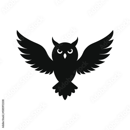 Owl flying silhouette with spread wings representing night flight and wisdom with white background