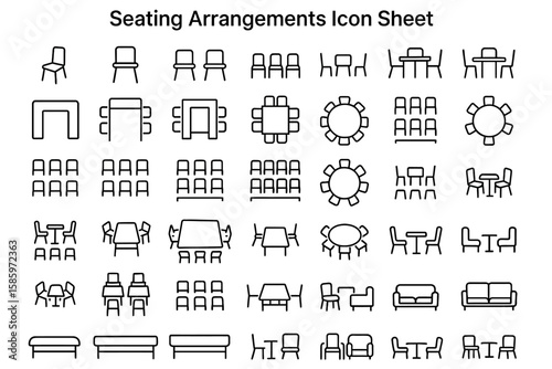 Seating Arrangements Icon Sheet: An illustration detailing various seating arrangements. Chairs, tables, and seating layouts are systematically organized in a series of black line icons.