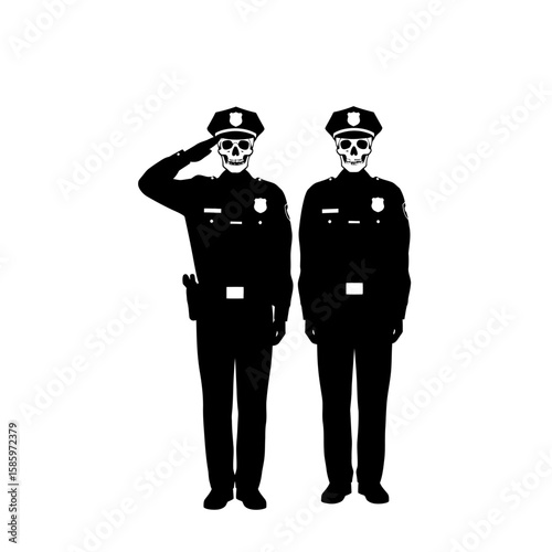 Two skeleton police officers in uniform one saluting in black and white art
