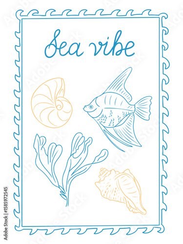 Decorative sea vibe card with hand drawn fish, shells and seaweed in minimal line style, framed with wavy border. Concept of summer, ocean inspiration, marine life and beach atmosphere.