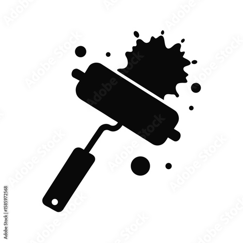 Paint roller silhouette with paint splashes around for home renovation concept on white background