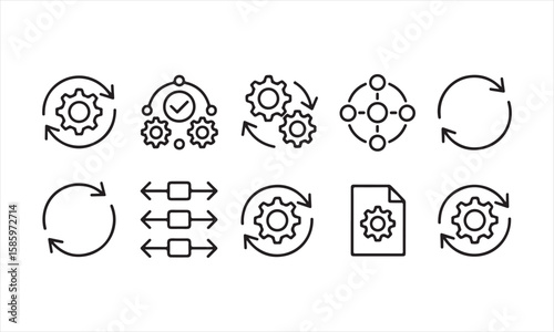 Process Optimization Icons – Workflow Gear Line Vector Set