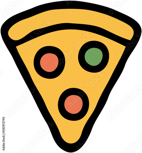 Simple cartoon illustration of a pizza slice with colorful toppings.