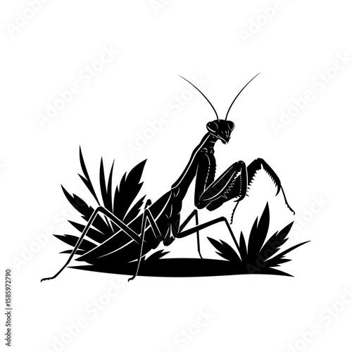 Silhouette of a praying mantis perched among stylized grass blades design
