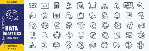 Data analytics icon set. Big data analysis technology symbol. Containing database, statistics, analytics, server, monitoring, computing and network icons