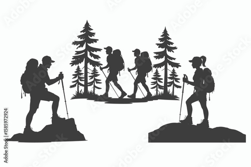 Hikers with backpacks and trekking poles walking through trees silhouette isolated on white background