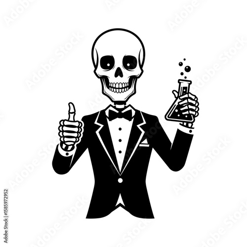 Skeleton in tuxedo holding flask with thumbs up in black and white style