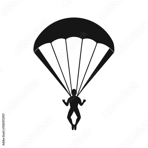 Silhouette of parachutist mid air in freefall skydiving pose with white background