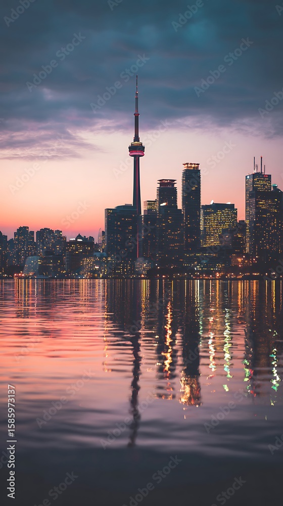 Fototapeta premium City skyline reflected in tranquil water at sunset.