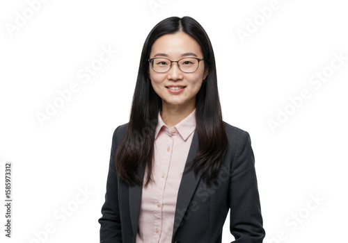 Young asian woman wearing glasses and business attire isolated on transparent background