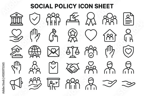 Icons of Societal Harmony: An array of crisp, minimalist icons symbolizes the foundational elements of social policy, from justice to compassion, community to governance.