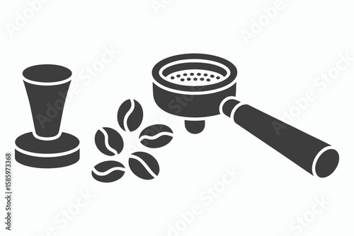 Espresso coffee tamper portafilter and beans silhouette isolated on white background