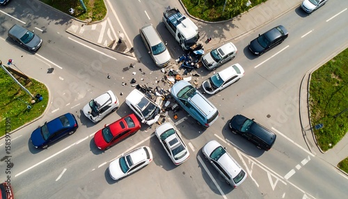 Aerial view of a multi-car accident at a busy intersection
