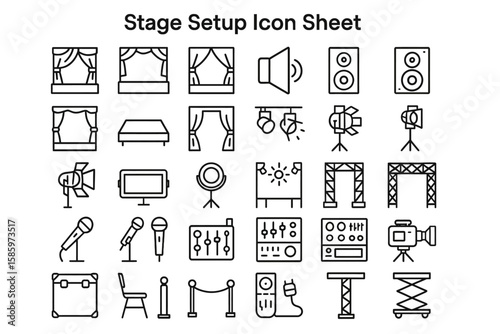 Stage Setup Icon Sheet: A comprehensive collection of stage setup icons, including curtains, speakers, lighting equipment, microphones, and other essential elements for event planning. 