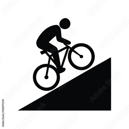 Person on bicycle silhouette pedaling up steep slope in motion with white background