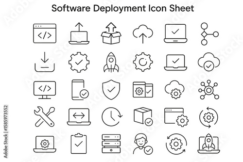 Software Deployment Icon Sheet: A clean, professional collection of vector-based icons representing the various processes of software deployment, ideal for illustrating tech concepts.