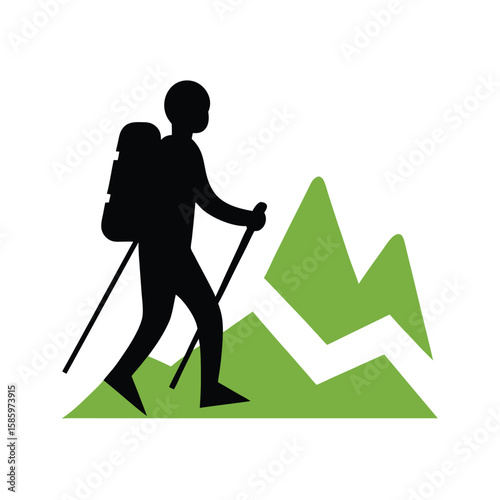 Silhouette of hiker carrying backpack trekking on mountain with white background  