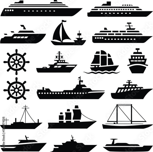 Vector Cruise Ship and Sailboat Collection: Diverse Watercraft Silhouettes for Marine Transport.