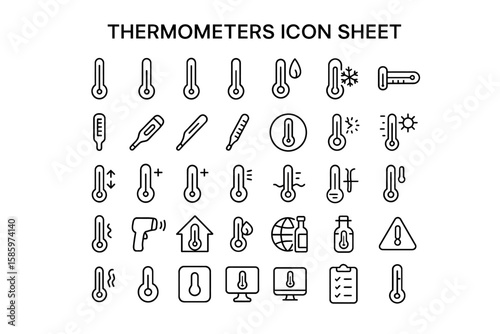 Thermometers Icon Sheet: A comprehensive collection of thermometer icons, each meticulously designed, representing a wide range of temperatures and applications, ideal for diverse design projects.