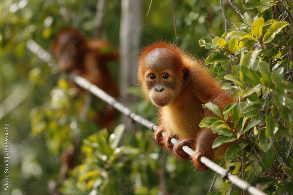 Obraz premium Joyful baby orangutan swings from vines while mother watches lovingly in the rainforest
