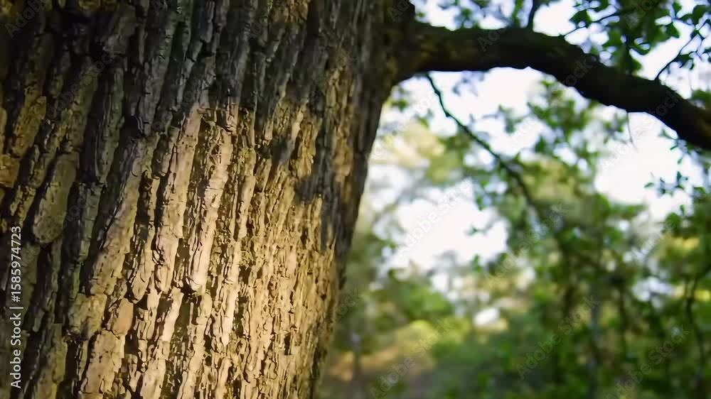 Sunlit tree bark detail, forest background, nature texture Sunlit tree bark detail, forest background, nature texture