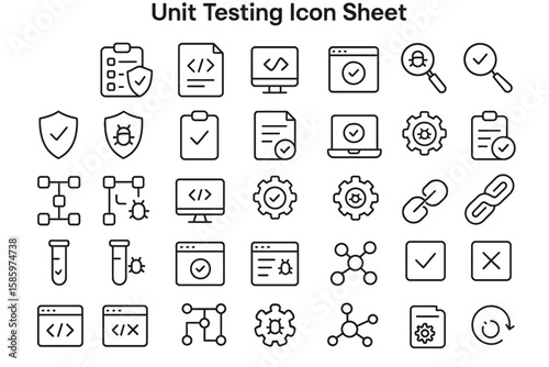 Unit Testing Icon Sheet: An comprehensive sheet of unit testing icons in a minimalistic design with a nod to technological precision and analytical rigor. 